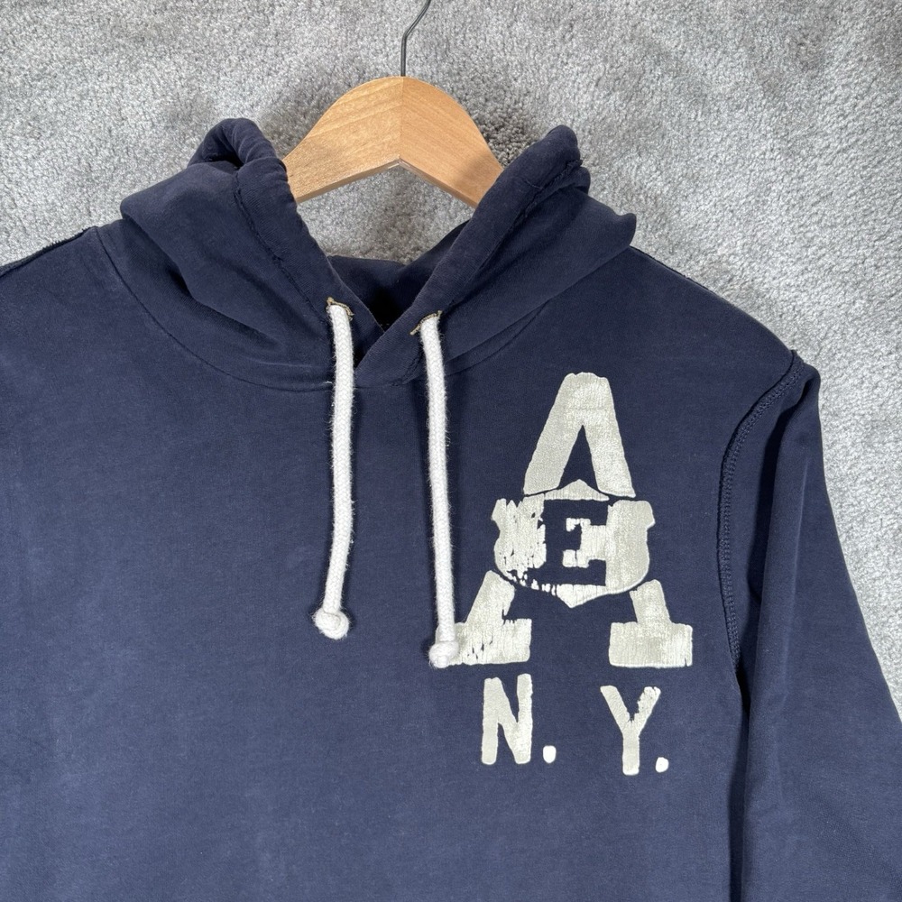 American Eagle Hoodie Sweatshirt Mens L Navy Blue Fleece Graphic Vintage Fit Y2K